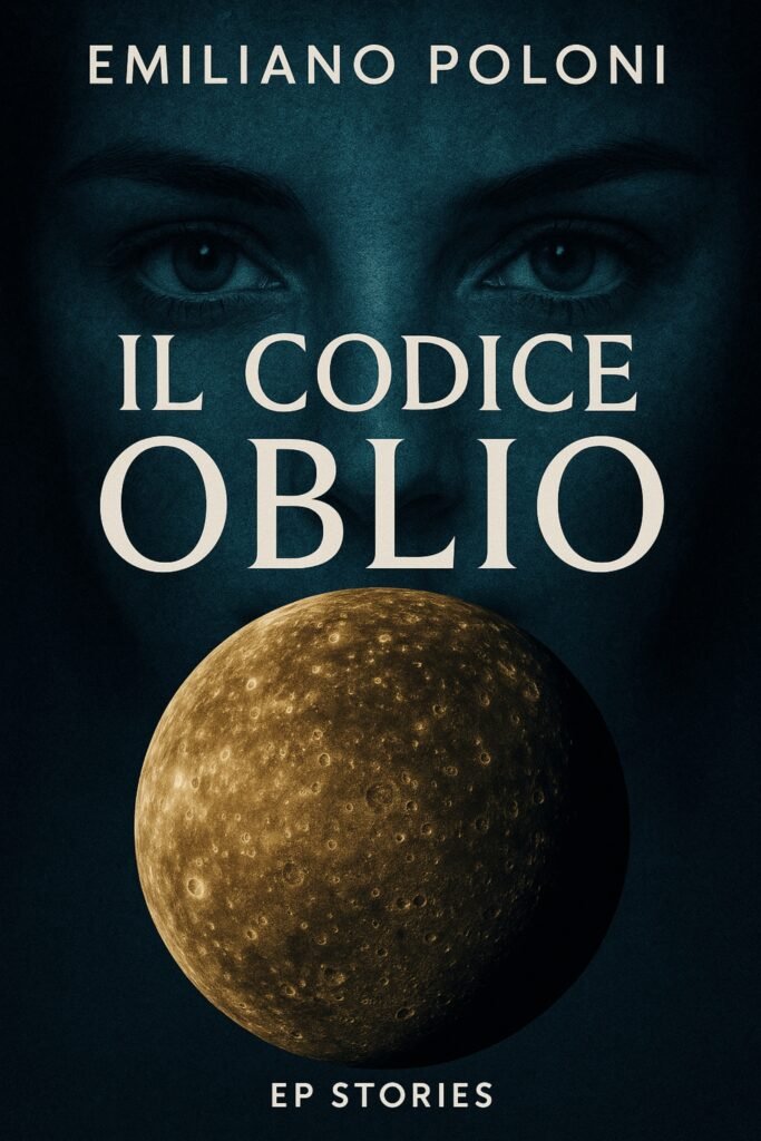 Copertina libro Codice Oblio Primo piano la luna di Callisto, con donna che osserva.